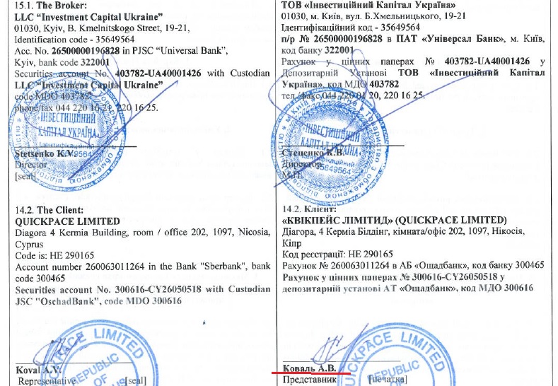 6 ноября 2013 года компания &laquo;Инвестиционный Капитал Украина&raquo; (ICU) и кипрская компания &laquo;Quickpace Limited&raquo; заключили договор на брокерское обслуживание №3359/2013-БО